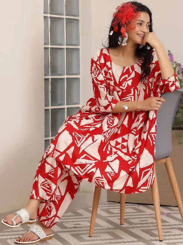 Sports Comfort Style Red Printed Rayon Co-Ords