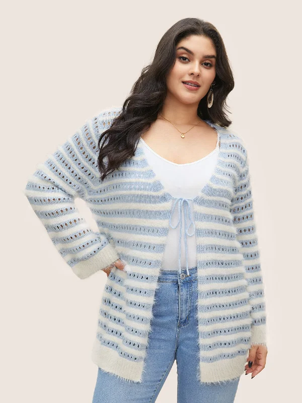 Casual And Versatile Striped Contrast Ties Front Eyelet Cardigan