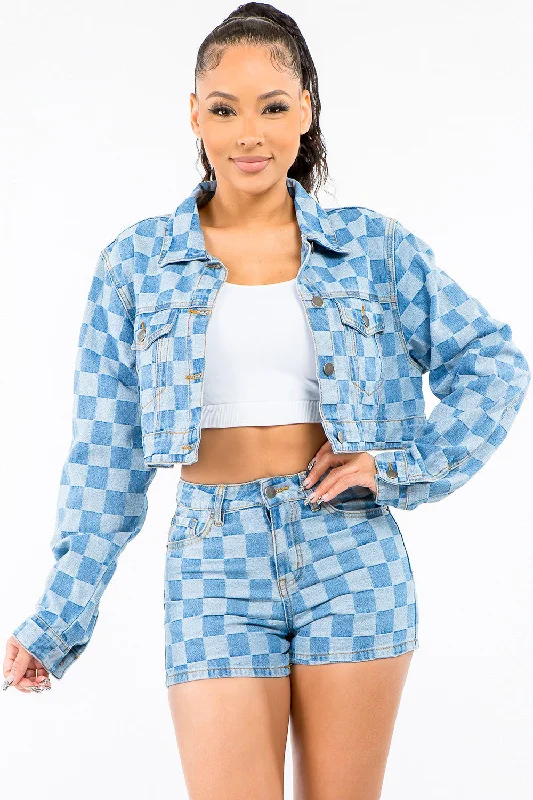 Printed pattern American Bazi Checkered Long Sleeve Cropped Denim Jacket