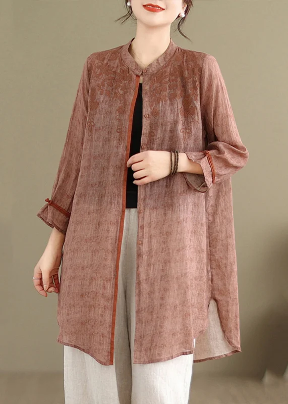 Stand-up collar design Retro Orange Stand Collar Print Tops Long Sleeve