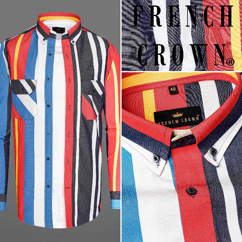 Unique prints Bright White with Gun Powder Multicolour Striped Chambray Shirt