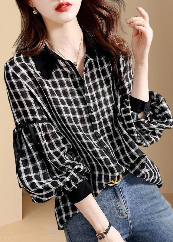 Elegant And Lazy Casual Black Plaid Patchwork Button Shirt Long Sleeve