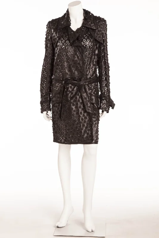 Sports Cool Roberto Cavalli - Black Long Sleeve Leather Coat Flower Design with Belt - Sports Cool Roberto Cavalli - Black Long Sleeve Leather Coat Flower Design with Belt -