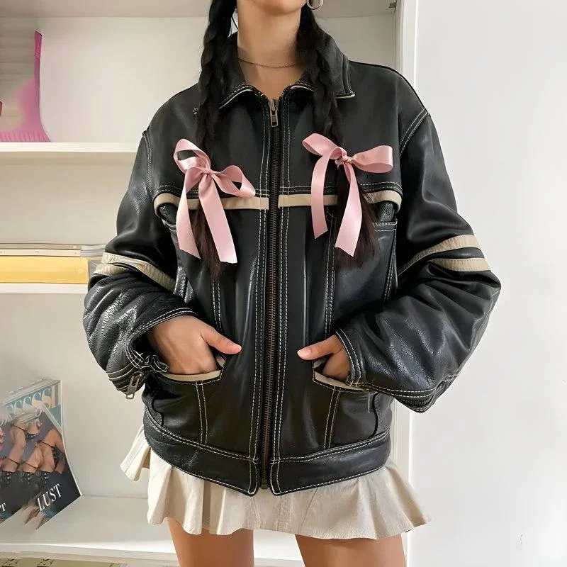 High-end atmosphere Vintage Grunge Biker Zip-Up Faux Leather Jacket