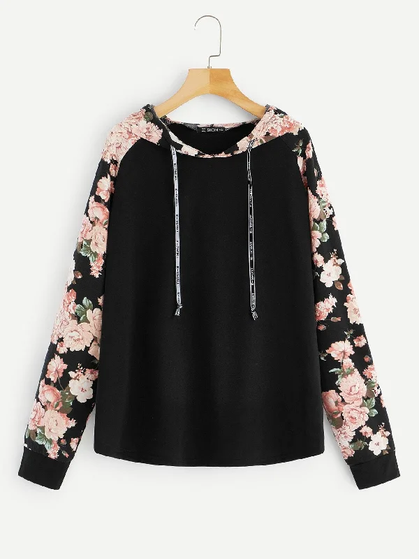 Street Style Plus Floral Raglan Sleeve Drawstring Hoodie
