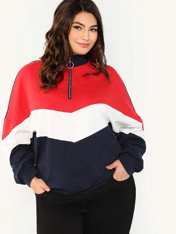 Black And White Style Plus Cut-and-sew Half Placket Sweatshirt
