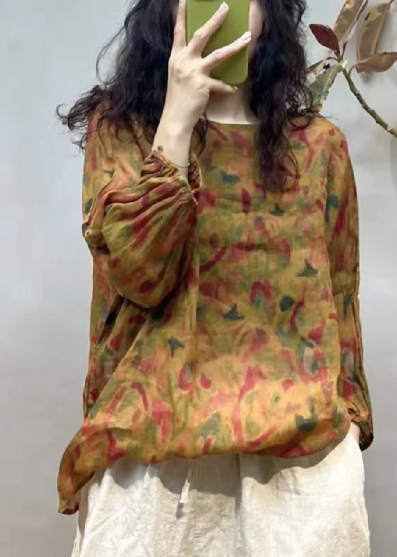 Moisture wicking Loose Orange O-Neck Print Linen T Shirt Spring
