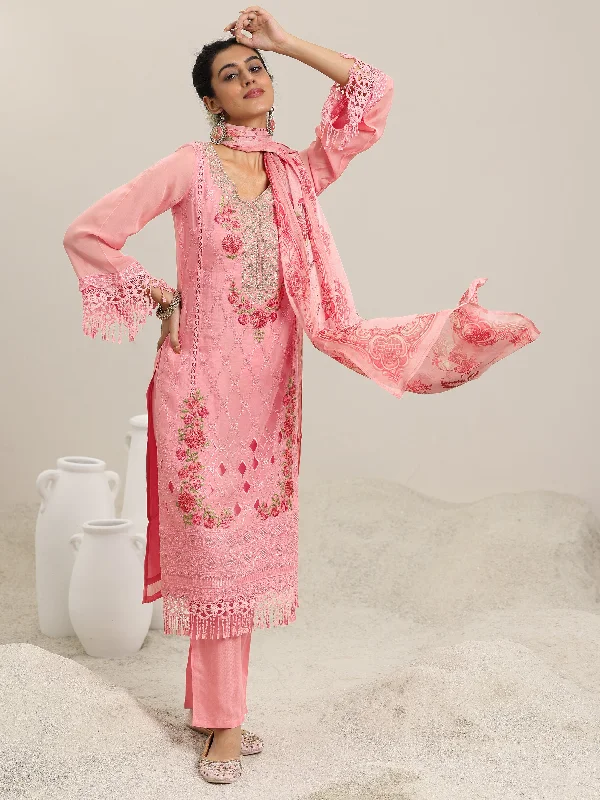 Street Style Pink Embroidered Organza Straight Suit With Dupatta