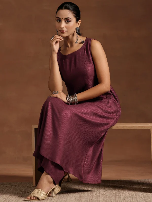 Sports Casual Style Wine Woven Design Silk Blend A-Line Kurta With Palazzos