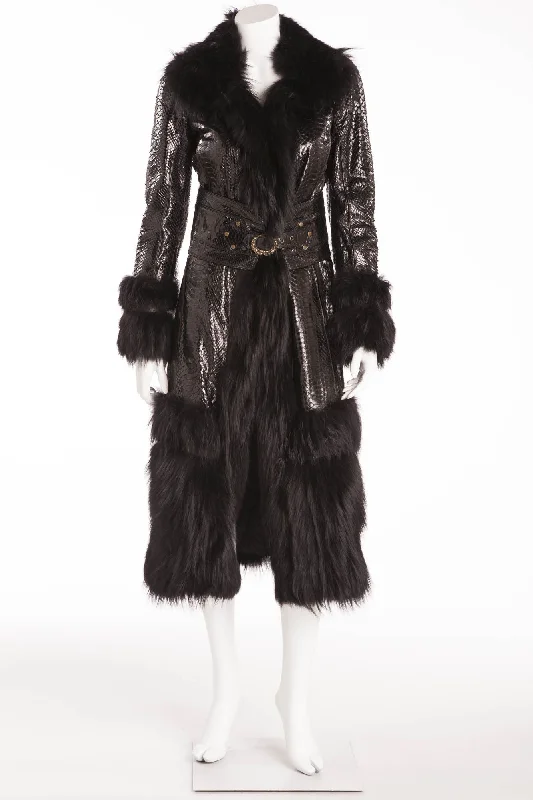 Classic Retro Roberto Cavalli - As Seen on 2005 Roberto Cavalli Runway Collection - Black Python Coat with Fur - IT 40 Classic Retro Roberto Cavalli - As Seen on 2005 Roberto Cavalli Runway Collection - Black Python Coat with Fur - IT 40