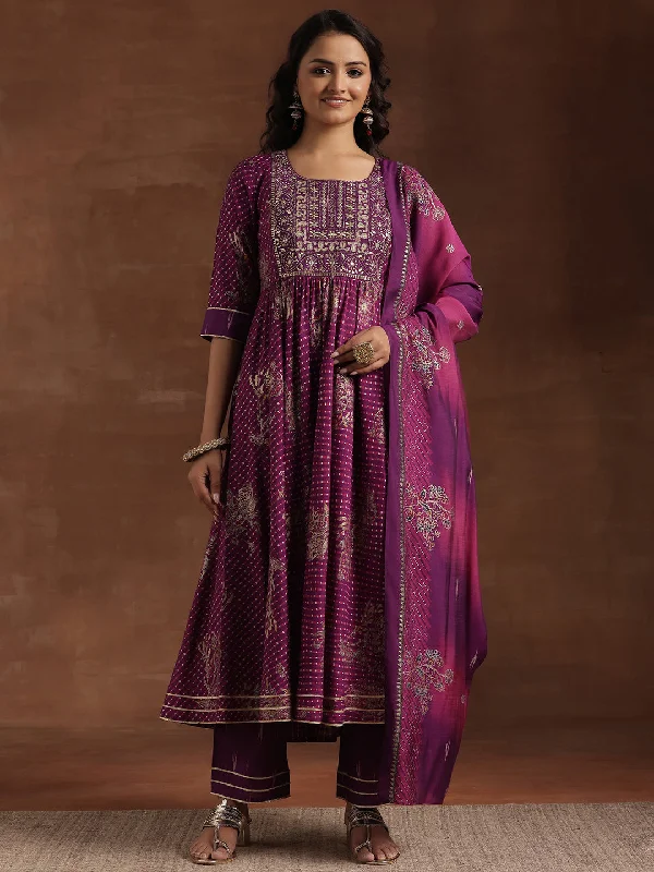 Sports Jumpsuit Purple Printed Silk Blend Anarkali Suit With Dupatta