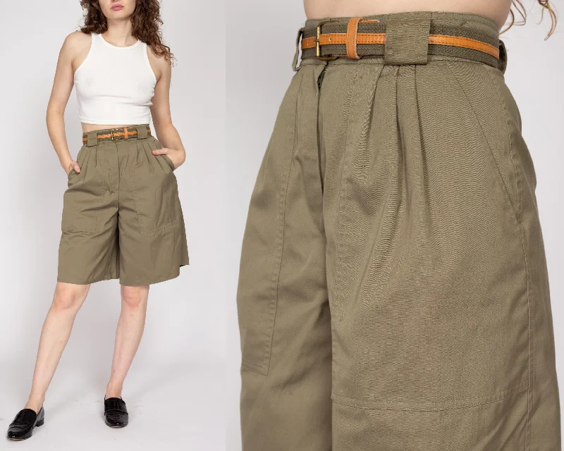 Multi-functional style XS-Sm 80s Olive Green Belted Wide Leg Shorts