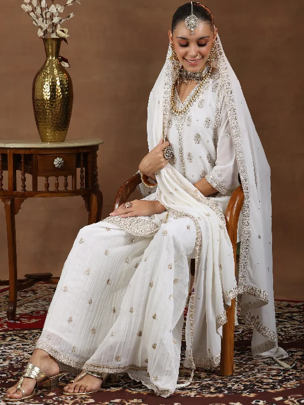 Sports Zipper Style White Embroidered Georgette Straight Suit With Dupatta