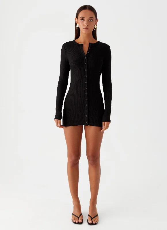 Sports And Leisure Sweater Knit Vest Ailee Long Sleeve Mini Dress - Black