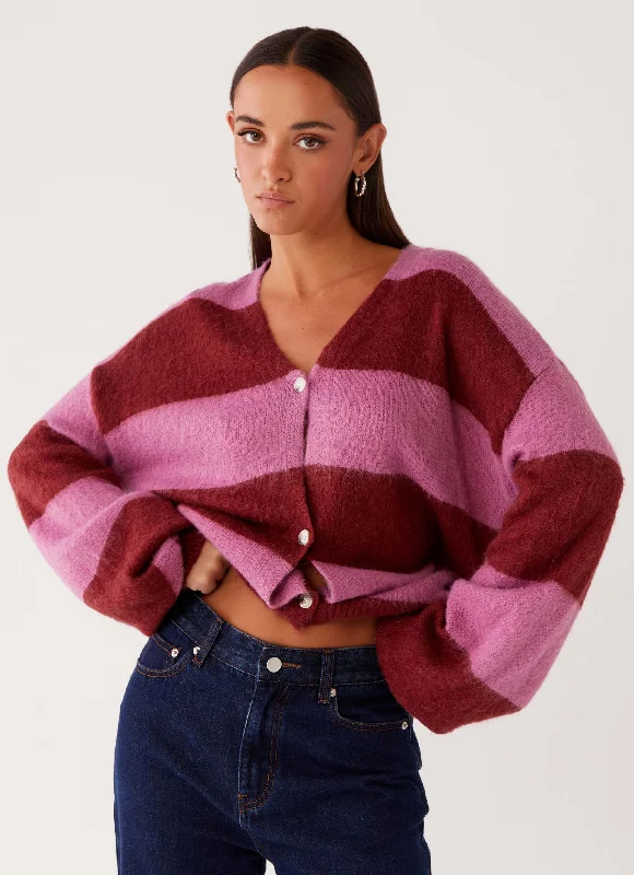 Sweet Girl Loose Knit Sweater Ainslee Oversized Knit Cardigan - Red Pink Stripe