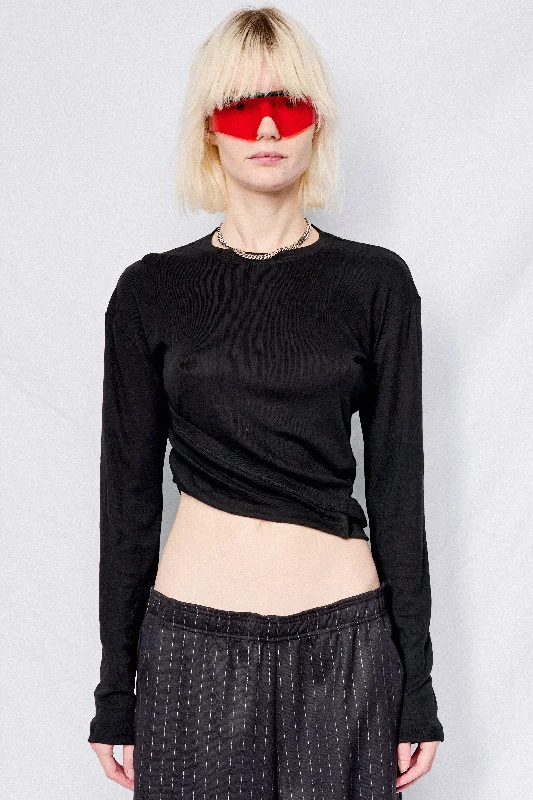 Low-key Luxury Slim fit Black Bamboo Twisted Long Sleeve Tee