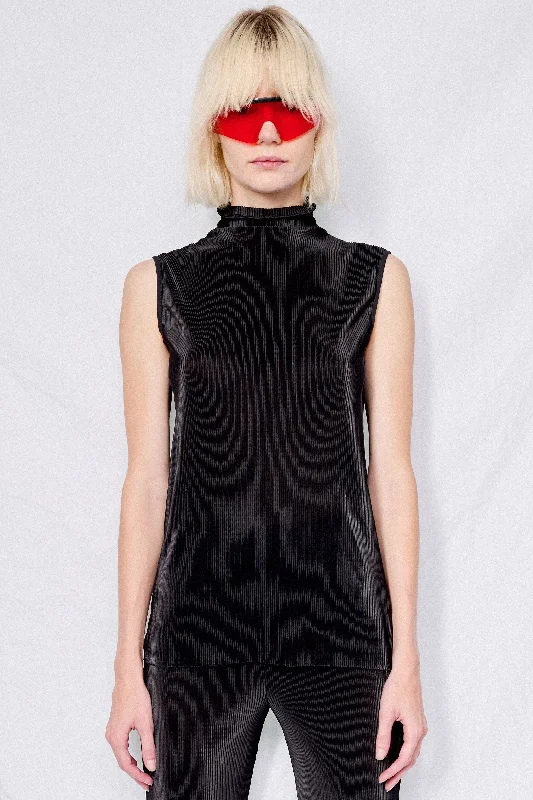 Sports Jacket Unique design Black Micropleat Sleeveless Mockneck Top