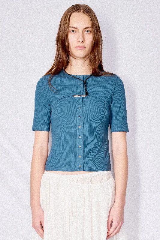Leisure And Entertainment Trendy traveler Blue Ribbed Button Cardigan Top