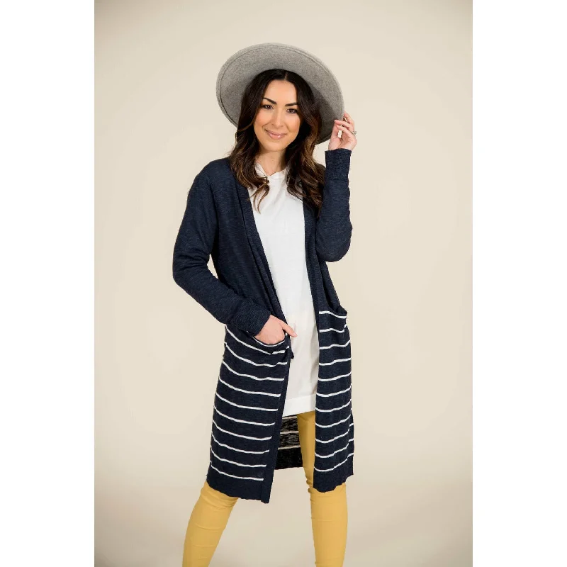 Warm Winter Series Knit Tie-back Sweater  Bottom Striped Tunic Cardigan