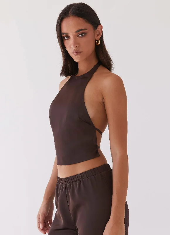 High-end atmosphere Exquisite tailoring Bree Satin Halterneck Top - Brown