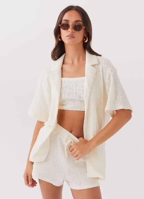Letter embroidery Knit Sweater with Pockets By The Bay Oversized Knit Shirt - Ivory
