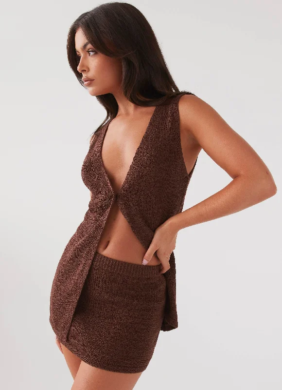 Letter embroidery Knit Bodysuit Capri Glow Knit Skirt - Chocolate