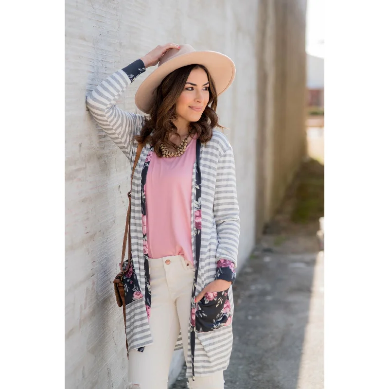 Street Show-off Style Knitted Cowl Neck Top Charcoal Floral Trimmed Tunic Cardigan