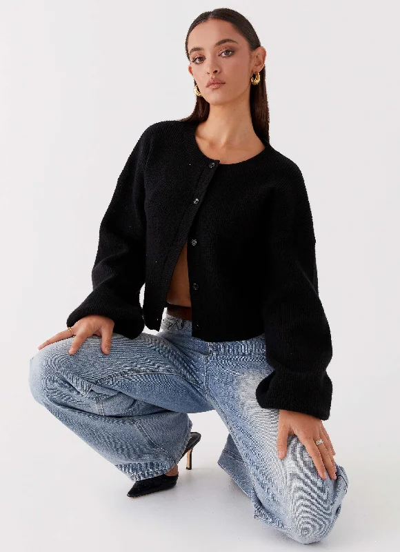 Sports outdoor style Fleece-lined Knit Sweater Daphne Knit Cardigan - Black