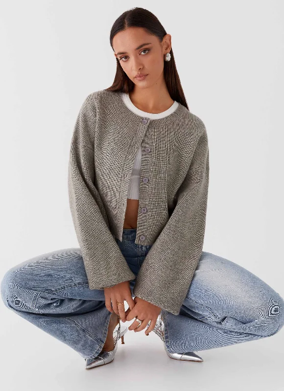 Sports Comfort Style Fitted Knit Sweater Daphne Knit Cardigan - Light Grey