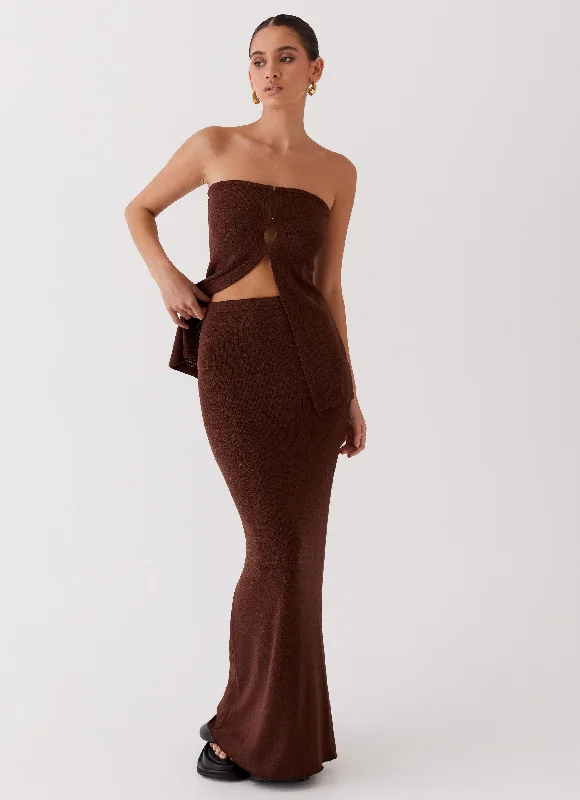 High waist design Silk Knit Top Delicate Lady Knit Maxi Skirt - Chocolate