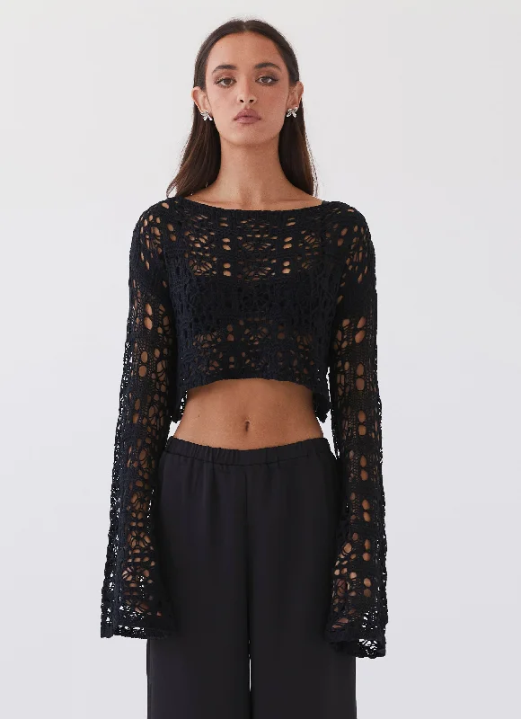 Sports Casual Style Retro lace fabric Free Mind Crochet Long Sleeve Top - Black