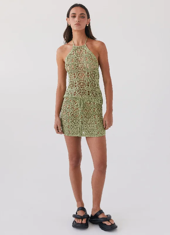 Minimal Style Cardigan with Knit Detail Free Mind Crochet Mini Skirt - Light Olive