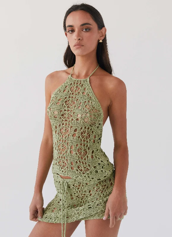 Extra long version Sporty Knit Sweatshirt Free Mind Crochet Top - Light Olive