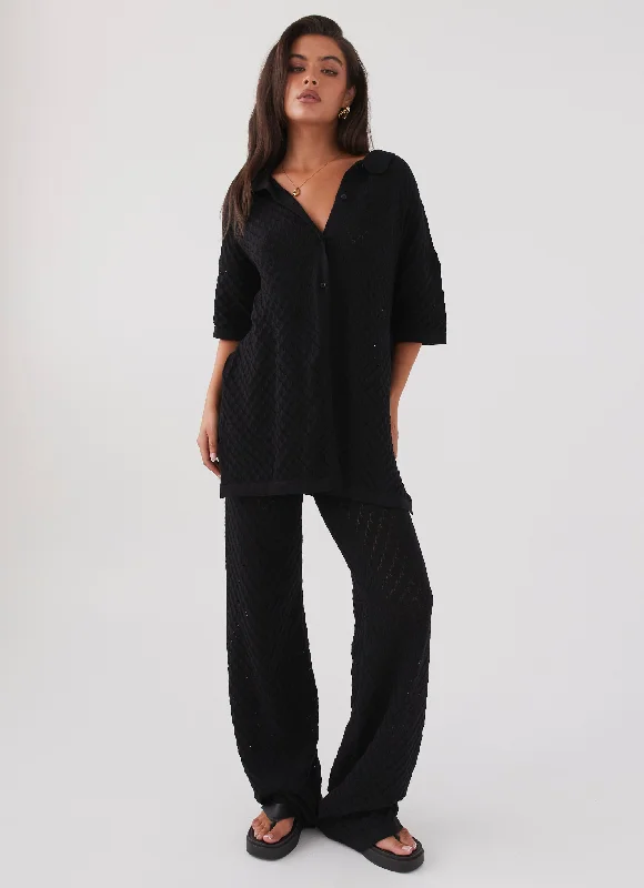 High-end atmosphere Lace Knit Sweater Jaded Knit Pants - Black