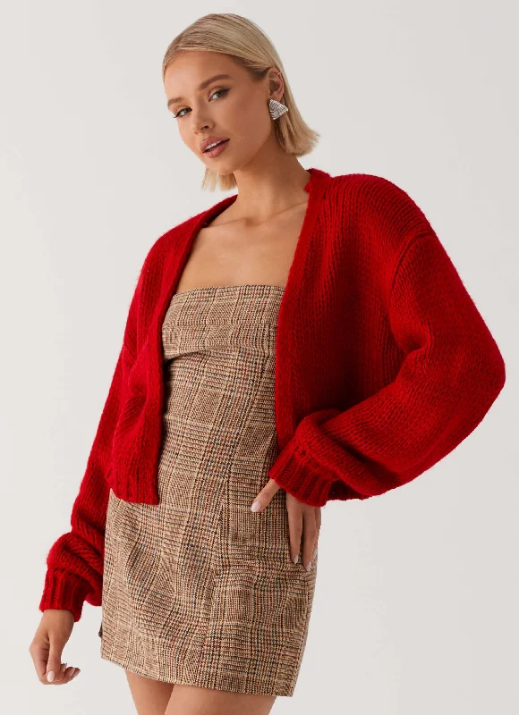 High-waisted pants style Knit With Ruffles Jasleen Knit Cardigan - Red