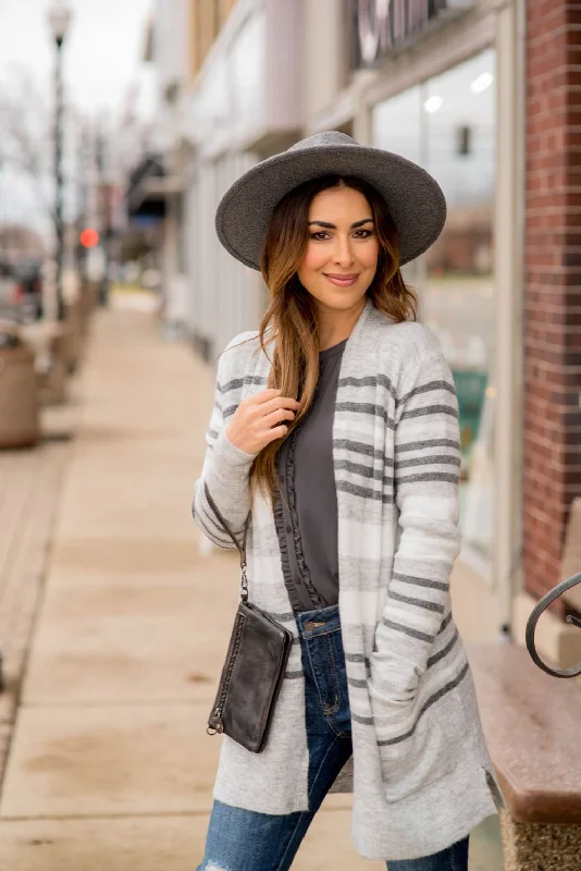 Boutique style Knit Sweater with Zipper Light Grey Striped Cardigan