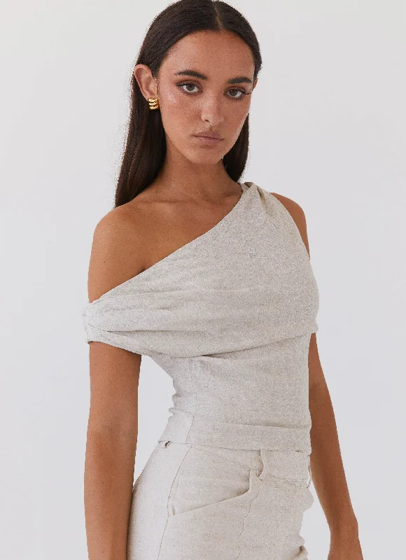 Warm Winter Series Fashion must-have Marissa Linen One Shoulder Top - Oatmeal