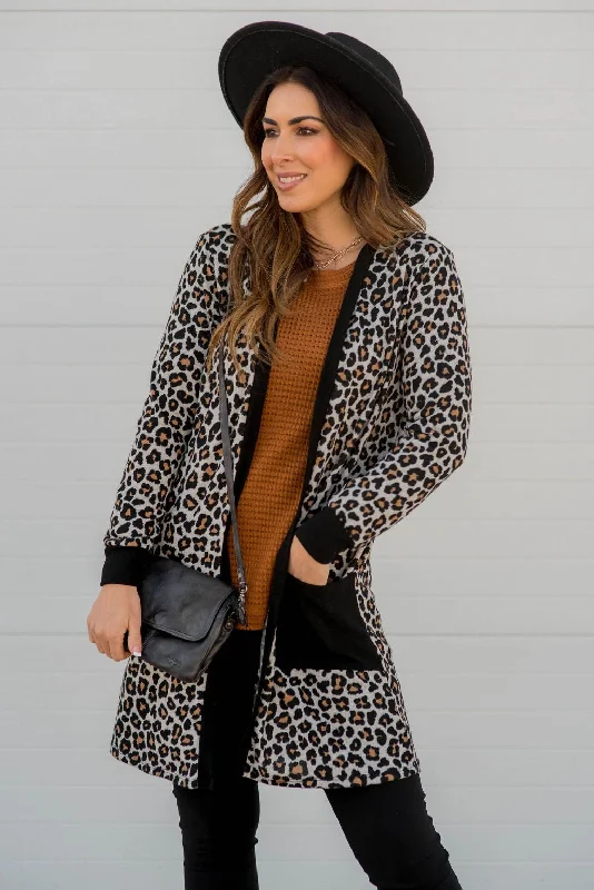 Celebrity Style Plaid Knit Dress Mini Leopard Solid Trim Tunic Cardigan
