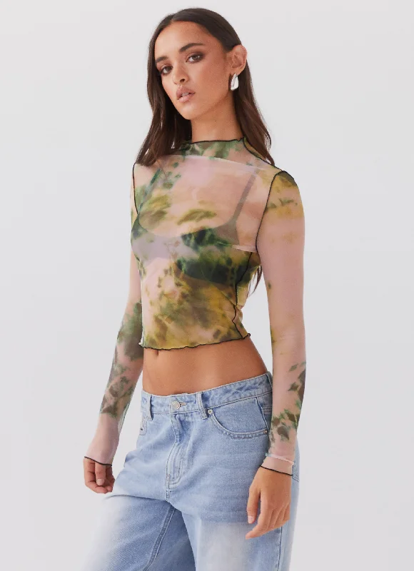 Sports suit style Street show-off style Neon Serenade Mesh Long Sleeve Top - Rainforest