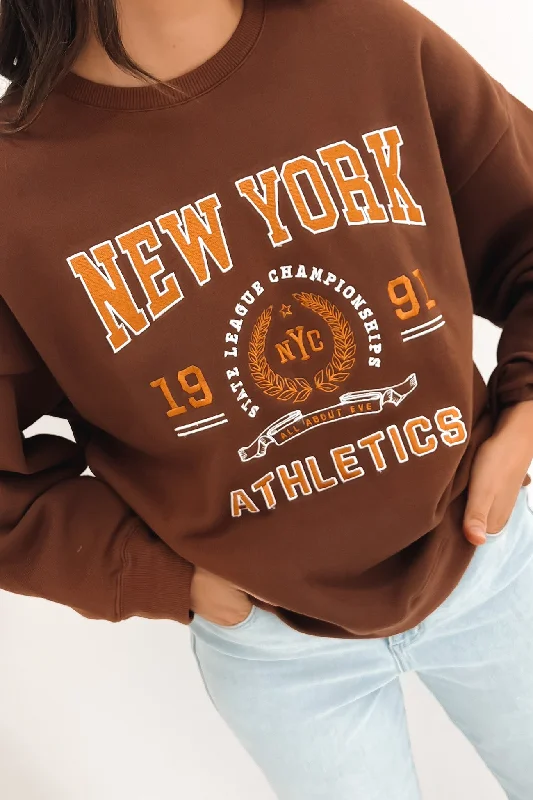 Multi-functional style Open Knit Pullover NY Sports Sweater Brown