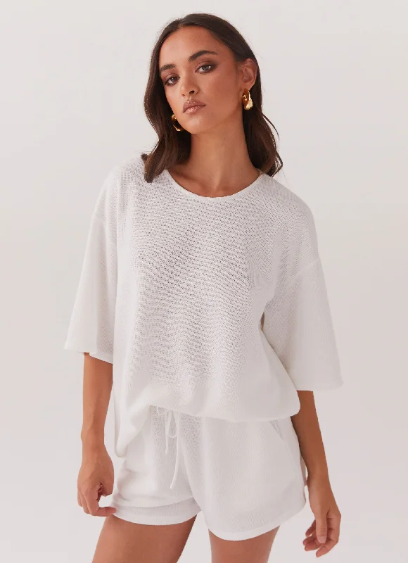 Skirt style Embroidered Knit Sweater Ocean Waves Oversized Knit Tee - White