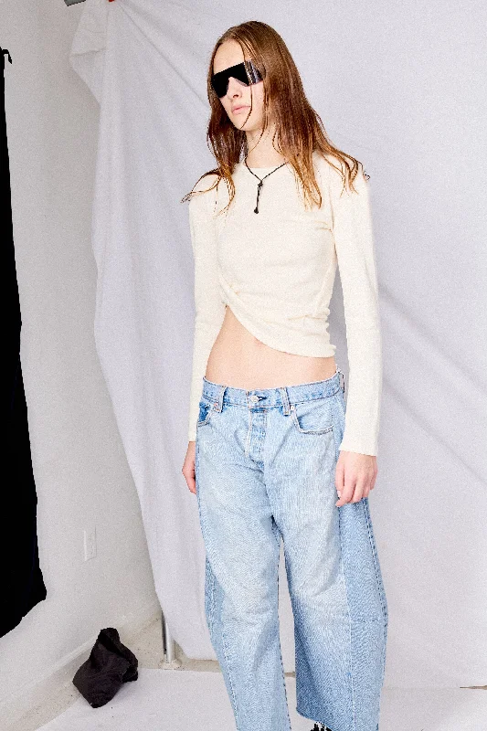 Nightclub Style Elegant and lazy Off White Bamboo Twisted Long Sleeve Tee