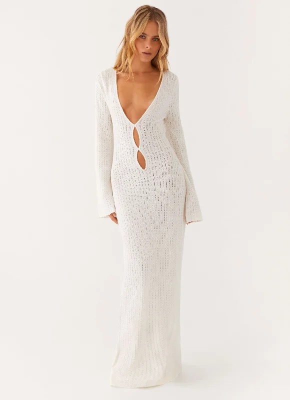 Fashionable sports Knit Coatigan Open Air Knit Cut Out Maxi Dress - Ivory