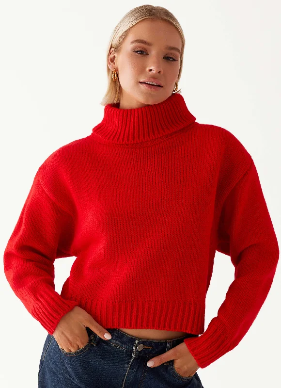Street Style Ribbed Knit Skirt Paint The Town Red Oversized Knit Jumper - Red