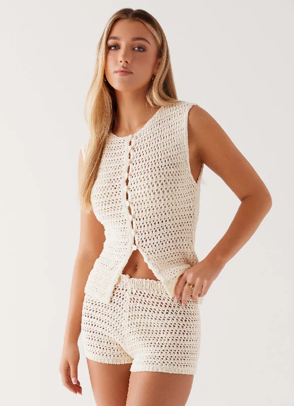 Cool Style Light Knit Sweater Dress Sierra Crochet Mini Shorts - Ivory