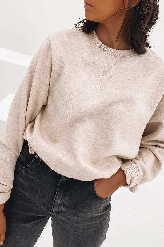 Letter embroidery Soft Cotton Pullover Signature Crew Oat Marle
