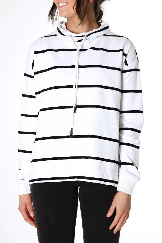 Round neck design Long Sleeve Pullover Stripe Funnel Crew White