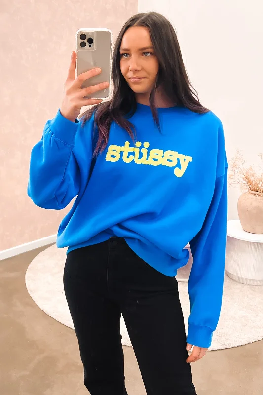 Comfortable down Cold Shoulder Pullover Typewriter Oversized Crew Strong Blue