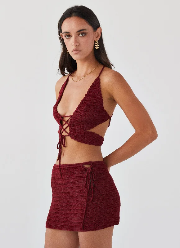 Knitted Design Bold Knit Sweater Wild Hearts Crochet Mini Skirt - Cherry Rose