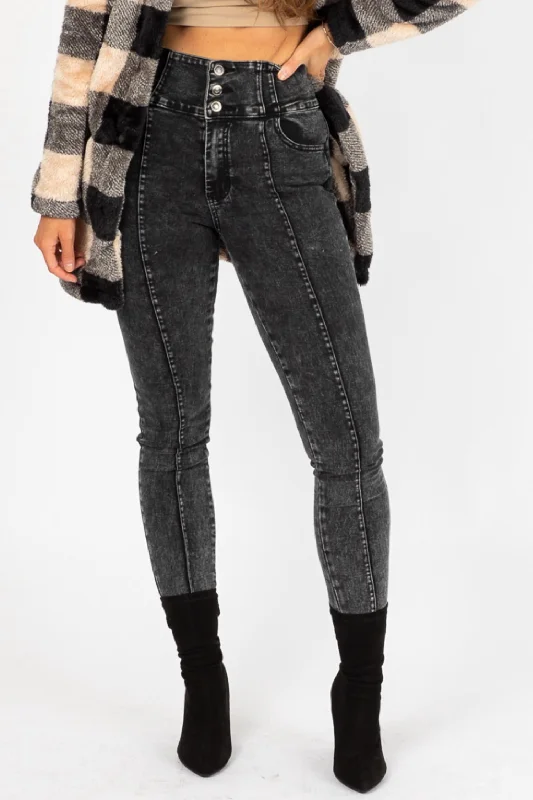 Retro Stripes Casual denim trousers 3 Button Jeans In Black Acid Wash